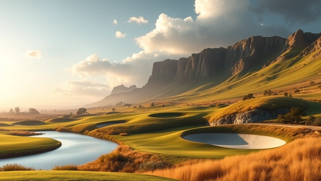 Wide landscape view of a dramatic golf hole featuring elevation changes, water hazard, and gallery mounding designed for spectator viewing, showcasing modern championship course design elements