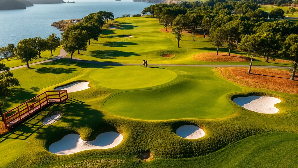 Elevated green with bunkers below, fairway sweeping toward water hazard, trees framing hole, golfers putting on green, championship course conditioning visible throughout scene