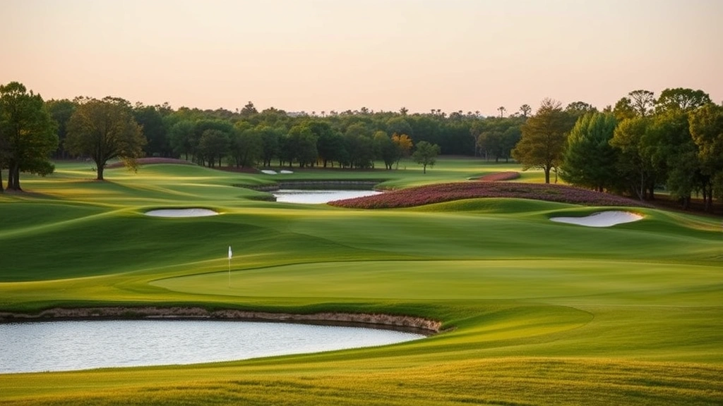 Serene golf course landscape featuring a challenging hole with water hazard, elevated tee area, and strategic bunkering. Natural lighting showing course topography, well-maintained rough and fairway transitions, and professional course management quality throughout the hole design.