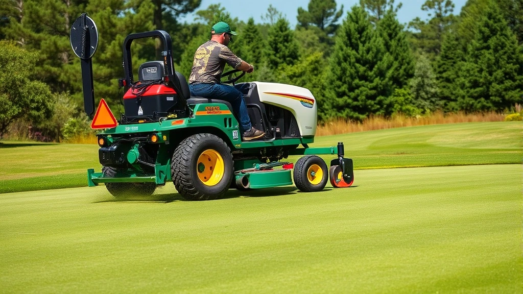 Groundskeeper operating professional turf maintenance equipment on championship course green, demonstrating course conditioning and management expertise