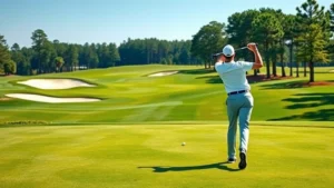 Professional golfer mid-swing on manicured fairway with bunkers and trees in background, bright daylight, lush green grass, photorealistic, no text