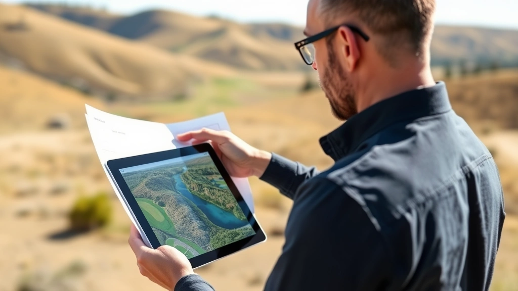 Professional landscape architect reviewing detailed topographic maps and drone surveying data of golf course site, holding tablet showing 3D terrain model with natural elevation features and water features marked, outdoor setting with rolling hills visible in background, natural daylight