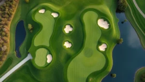 Aerial view of a championship golf course showing manicured fairways, strategic bunkers, and water hazards integrated throughout the landscape, demonstrating professional course design principles and routing efficiency