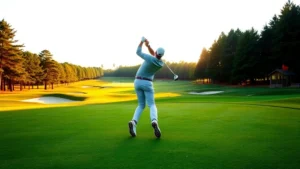 Golfer in mid-swing on pristine fairway with manicured bunkers and green visible in background, morning sunlight, professional golfer executing iron shot with perfect form