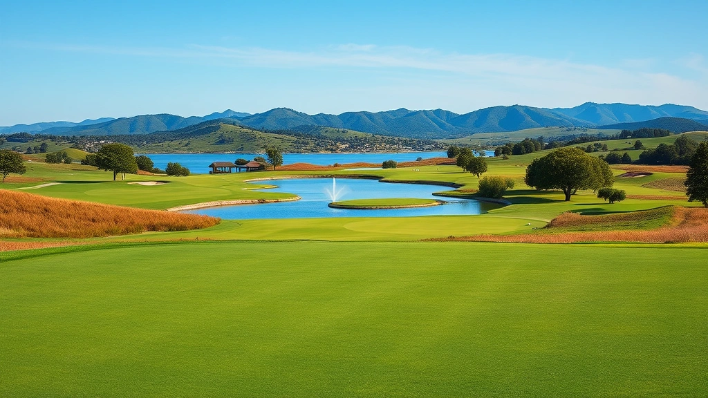 Scenic golf course landscape with water feature, rolling fairways, blue sky, well-maintained putting green in foreground, natural beauty, photorealistic