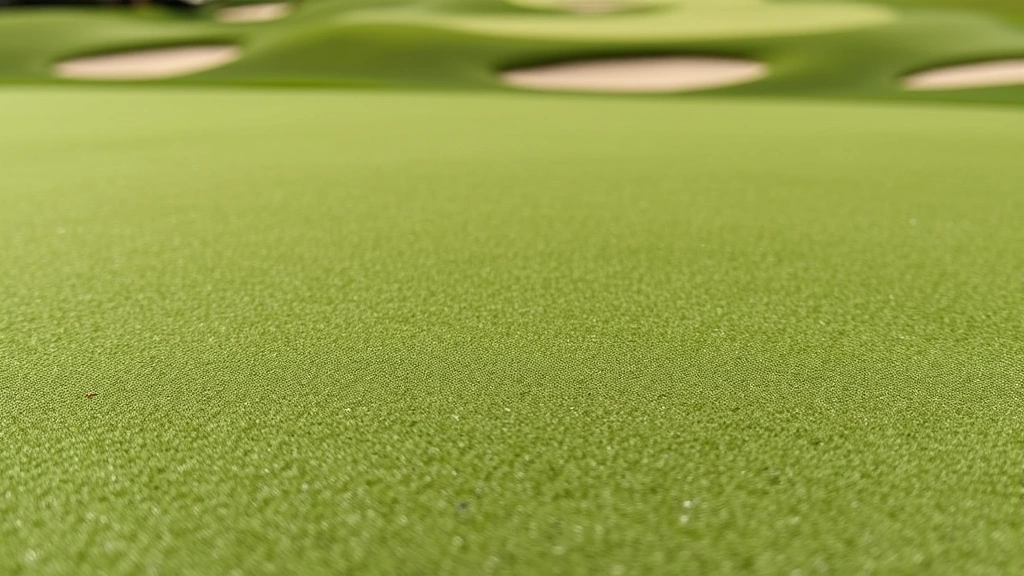 Close-up of premium putting green with subtle contours and strategically positioned bunkers in background, showing turf quality and hazard placement that challenges skilled golfers while maintaining fairness