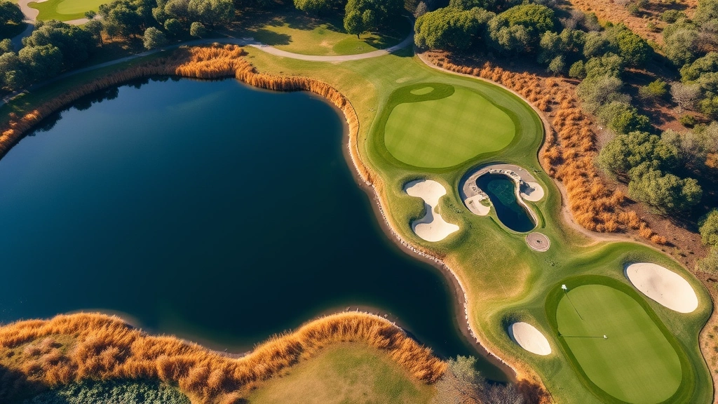 Aerial view of golf course hole featuring strategic water hazard, sand bunkers, and elevated green complex surrounded by natural vegetation and trees