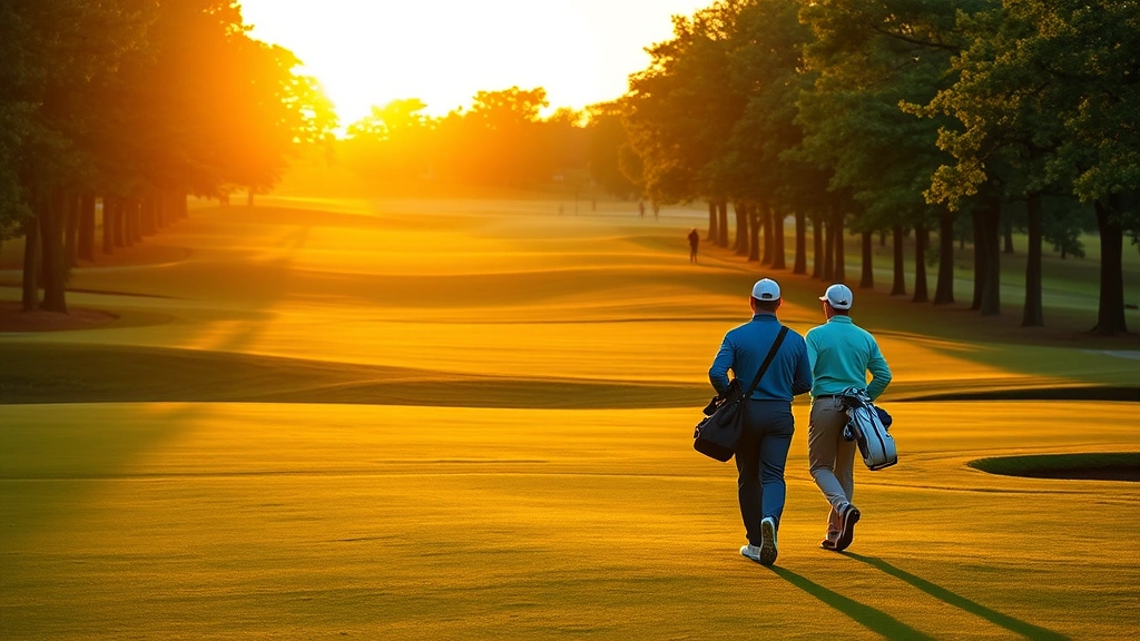 Golfers walking on fairway during golden hour, carrying bags, pristine course conditions, trees framing course, peaceful atmosphere, photorealistic, no text