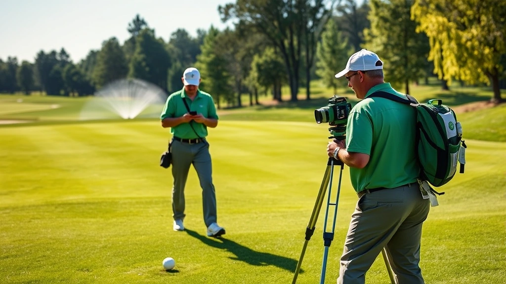 Golf course maintenance team using GPS technology and measuring equipment to verify green slopes and fairway dimensions, workers in uniform on pristine fairway with irrigation system visible, professional course management in action, natural outdoor lighting