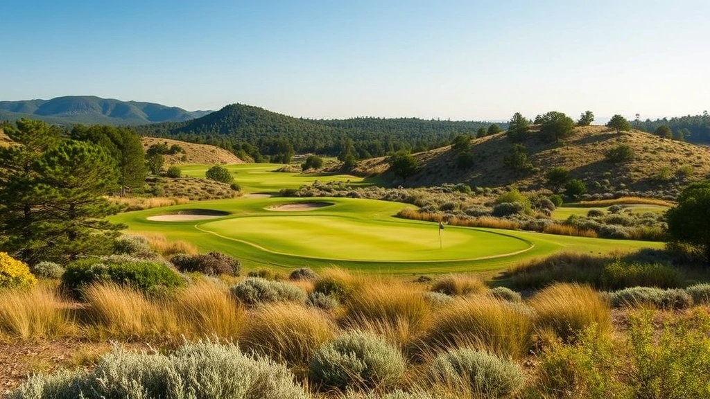 Wide landscape view of a golf hole featuring native vegetation preservation, natural terrain elevation changes, and sustainable design elements that blend the course harmoniously with surrounding ecosystem