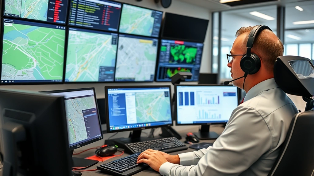 Professional dispatcher at modern control center workstation with multiple monitors displaying GPS tracking maps and real-time vehicle locations, wearing headset, focused on screen