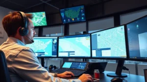 Professional dispatcher sitting at modern control center with multiple monitors showing GPS tracking maps and vehicle locations in real-time