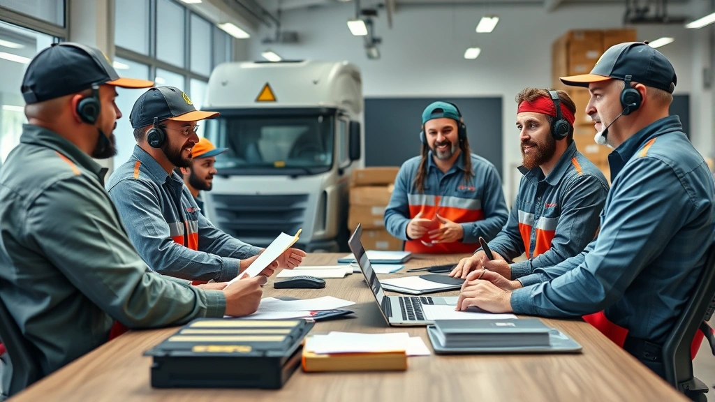 Diverse team of truck drivers and dispatcher having collaborative meeting in logistics office discussing routes and deliveries with enthusiasm and professionalism