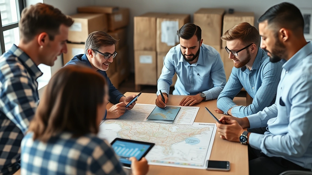 Diverse team of logistics professionals collaborating around table reviewing route maps and delivery schedules with digital tablets