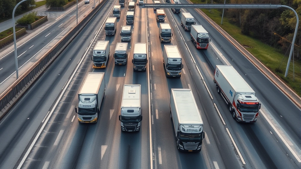 Aerial view of busy highway with multiple commercial trucks in organized traffic flow demonstrating coordinated fleet movement and route optimization
