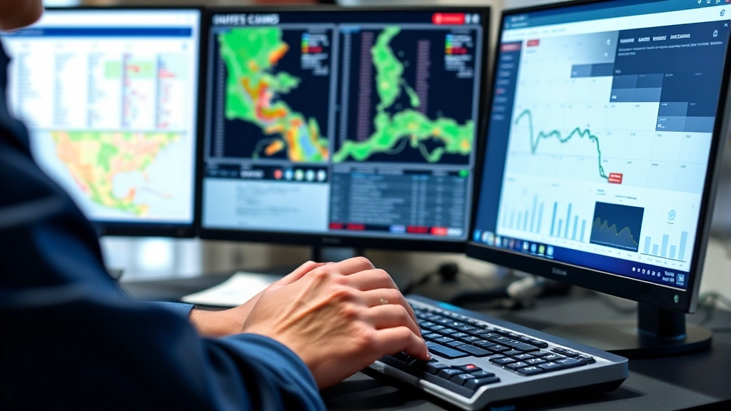 Close-up of dispatcher hands on keyboard managing fleet tracking software with colorful vehicle icons and route optimization data displayed