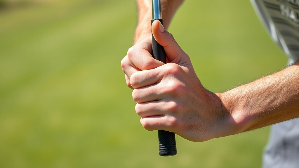 Close-up of golfer's hands demonstrating proper neutral grip on club, showing knuckle alignment and finger positioning in natural daylight on practice range