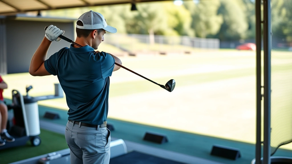 Young adult golfer at driving range executing proper golf swing stance with instructor observing, natural lighting, focused concentration, training environment