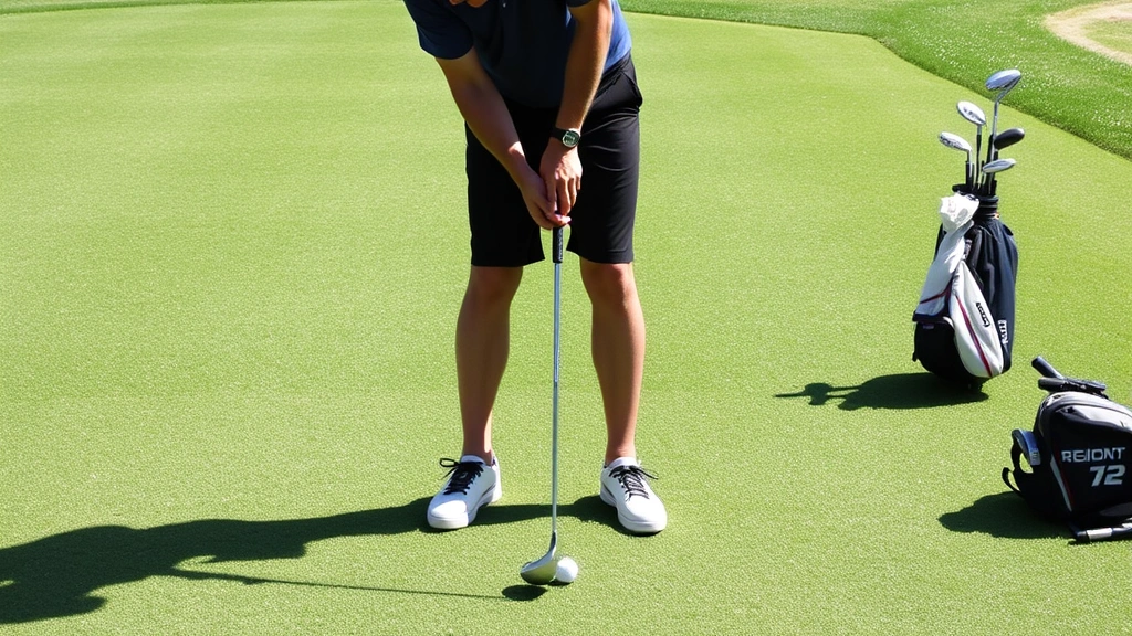 Golfer demonstrating proper grip and stance position on a practice range with golf balls and clubs visible, natural lighting on manicured grass