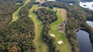 Aerial view of a scenic New England golf course with tree-lined fairways, elevation changes, and water hazards visible from above, showing strategic hole layout and bunker placements