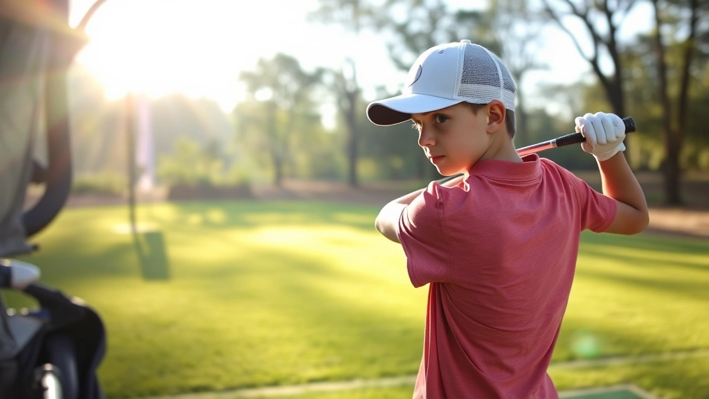 Young student in golf stance at driving range, concentrated expression, morning sunlight filtering through trees, outdoor practice environment with manicured grass