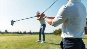 Professional golfer demonstrating proper grip and stance position during a practice swing on a well-maintained golf course with green grass and clear sky