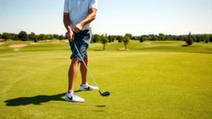 Golfer in polo shirt and golf shoes standing on lush green fairway, preparing to take shot with driver, manicured course landscape in background, sunny day with clear sky, professional posture and form, natural lighting highlighting quality turf