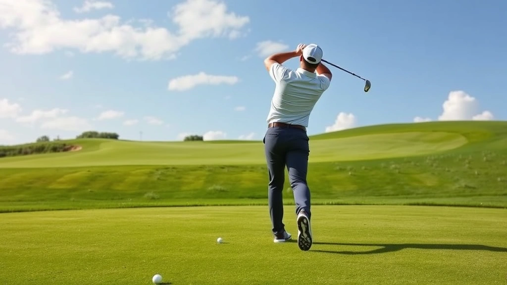 Professional golfer executing perfect golf swing on beautiful course with manicured fairway, demonstrating proper form and technique