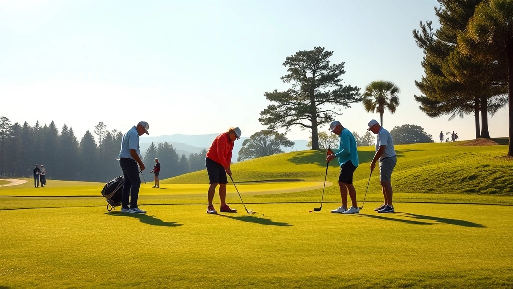 Group of beginner golfers on putting green practicing short game technique, morning sunlight, peaceful course setting, multiple skill levels visible
