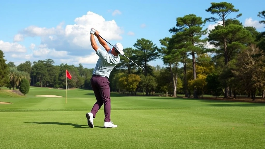Golfer executing a full swing on a fairway with trees and course landscape in background, capturing mid-swing dynamic motion and form