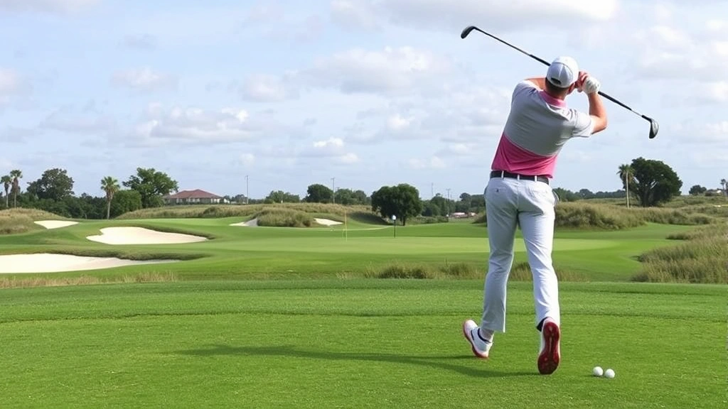Golfer in mid-swing showing rotational core engagement and lower body stability during a full drive, with bunkers and fairway visible in background