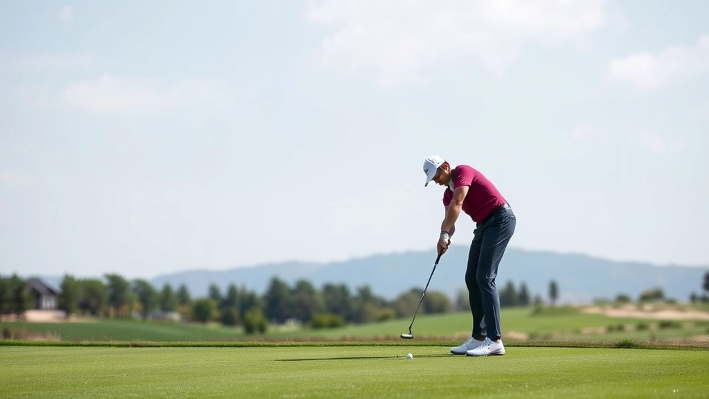 Golfer practicing short game shots on a putting green with varied terrain and multiple targets visible, showing focused concentration during deliberate practice session