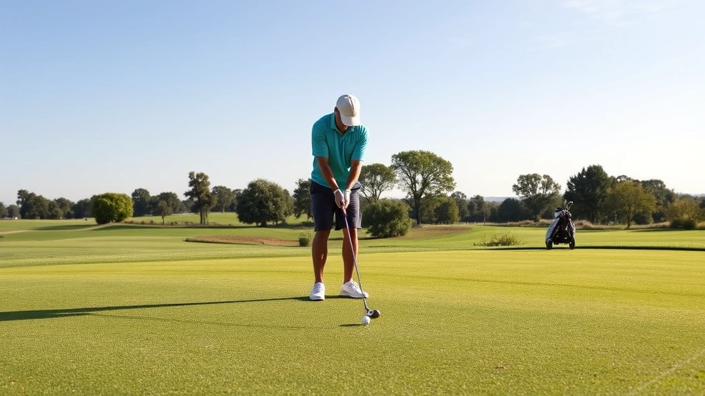 Golfer practicing short game near putting green with multiple golf balls, showing focused practice routine at driving range