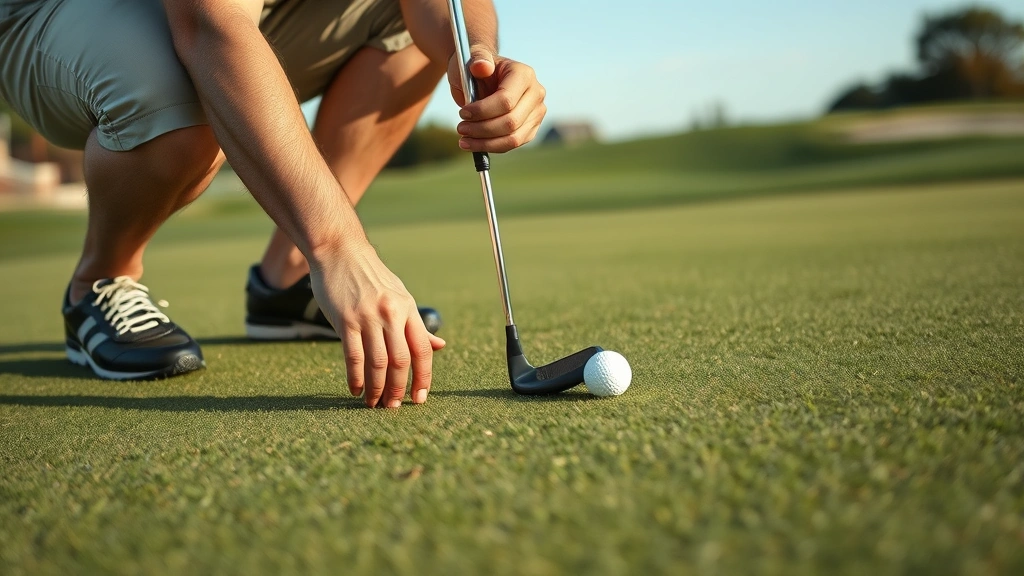 Close-up of a golfer analyzing a putting green, crouching down to read the break while studying slope and grain patterns, with natural grass texture clearly visible