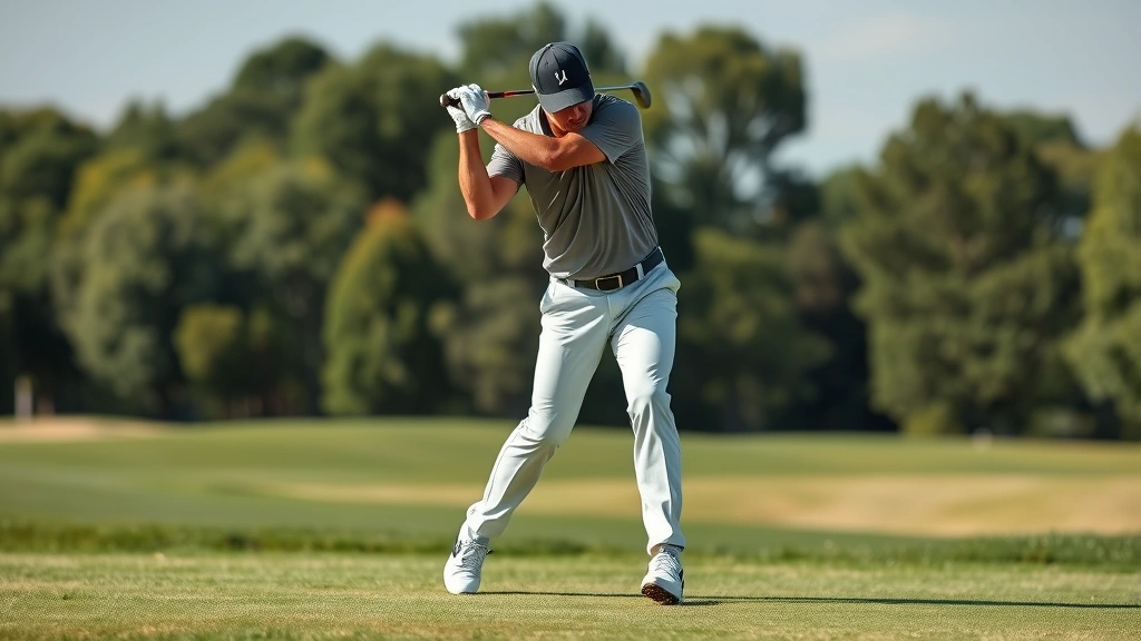 Professional golfer in balanced finish position with weight transferred to lead leg, trailing foot up on toe, body facing target after completing full swing