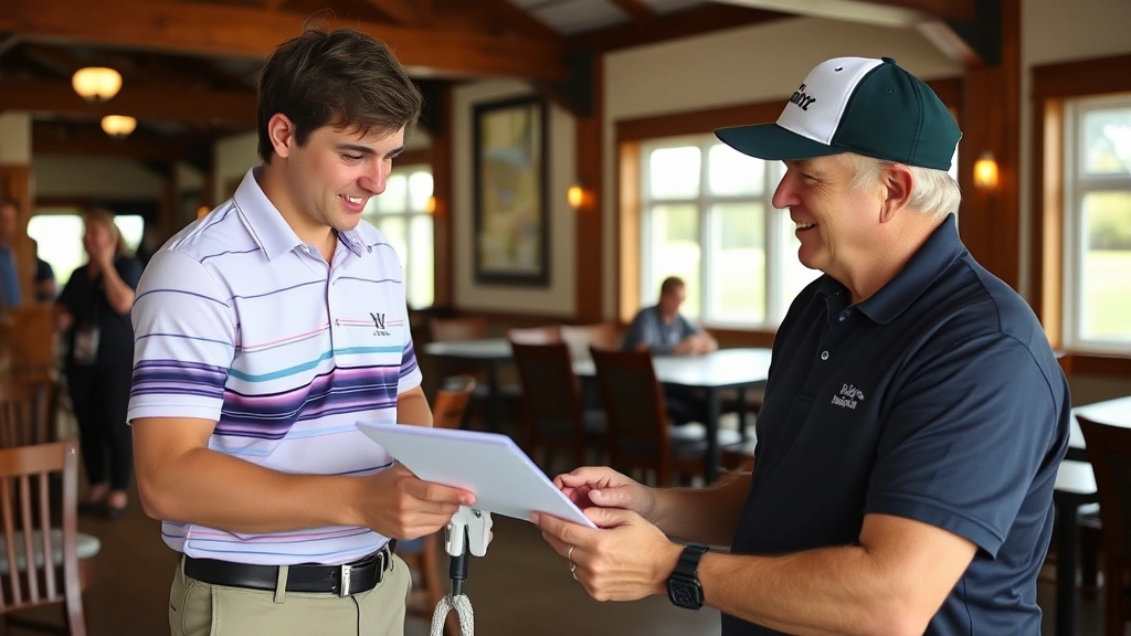 Student reviewing scorecard with adult instructor at course clubhouse, positive interaction, teaching moment, educational golf instruction setting