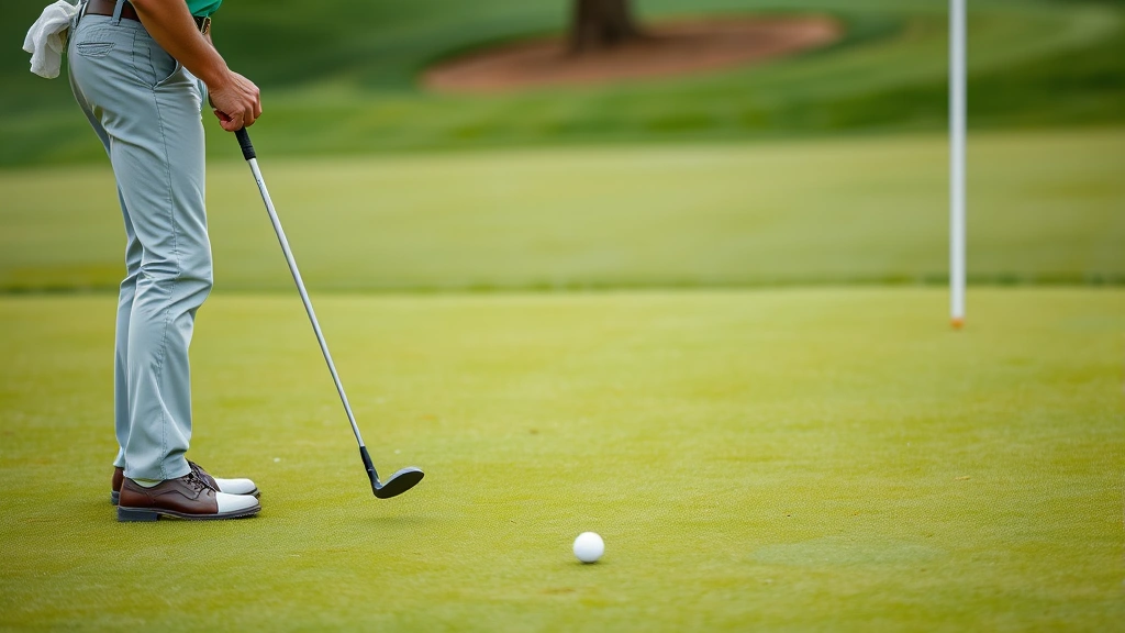 Golfer standing on putting green holding putter with focused expression, studying green contours, with manicured grass and flagstick visible