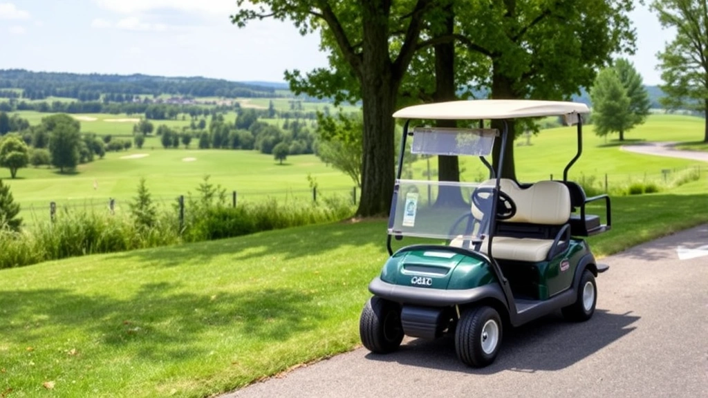 Golf cart parked on designated path near tree line, course landscape visible with fairways and bunkers, well-maintained cart with no damage, scenic golfing environment with natural beauty, professional course setting