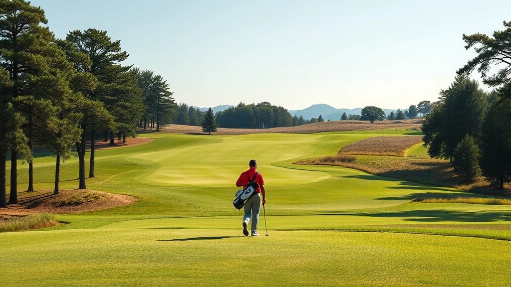 Golfer walking on scenic golf course with rolling hills and trees, carrying golf bag during round of play
