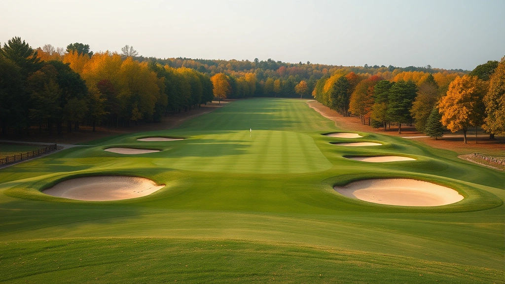 Wide shot of a challenging par 4 hole with elevated tee box overlooking fairway, bunkers flanking the green, and autumn foliage in background showing course design strategy