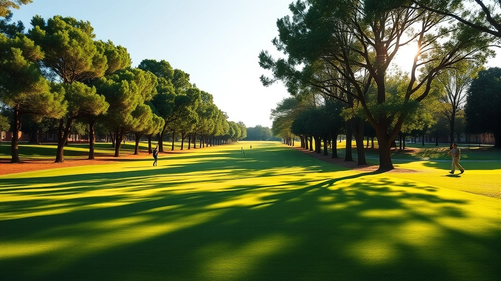 Wide-angle view of a beautiful 18-hole golf course fairway lined with mature trees, green grass in perfect condition, golfers walking with their clubs in the distance, natural sunlight filtering through trees, peaceful campus landscape setting