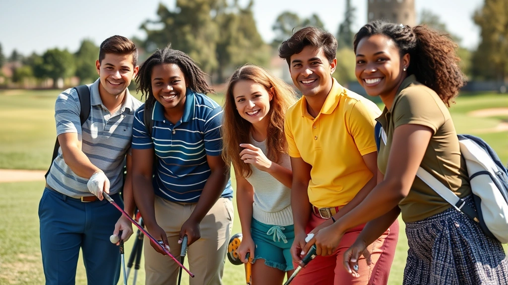 Diverse group of college students of different ethnicities playing golf together on a sunny day at a university course, smiling and enjoying outdoor recreation