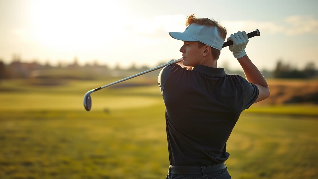 Young college student in casual athletic wear concentrating on their golf swing at a tee box, morning sunlight, blurred course landscape behind, demonstrating focus and relaxation, natural outdoor environment with grass and sky