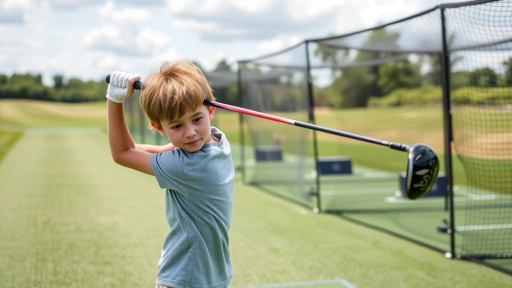 Young student golfer mid-swing on a practice range with driving nets, demonstrating proper golf technique with focused expression during skill development