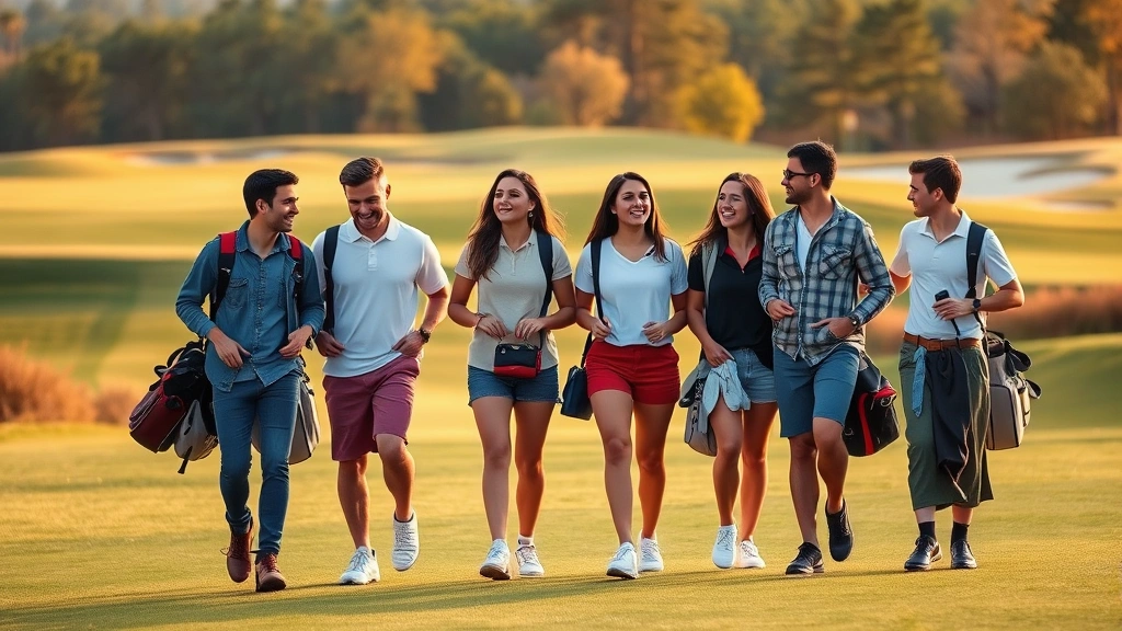 Group of diverse college students walking together on a golf course fairway laughing and socializing, carrying golf bags, beautiful manicured landscape with bunkers visible, golden hour lighting, community and friendship atmosphere