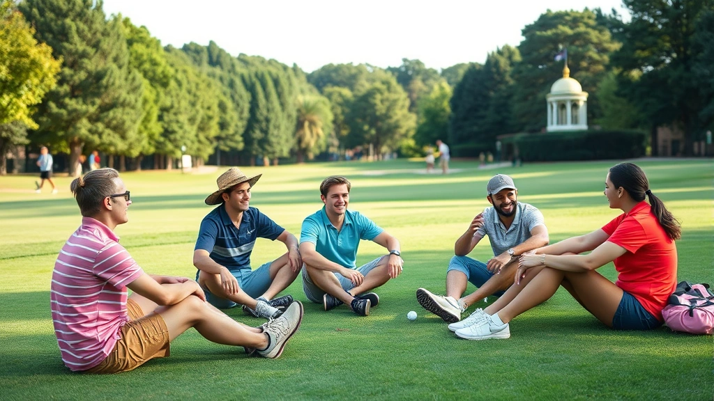 Group of students relaxing on golf course grass after completing a round, sitting together in casual conversation enjoying outdoor campus recreation