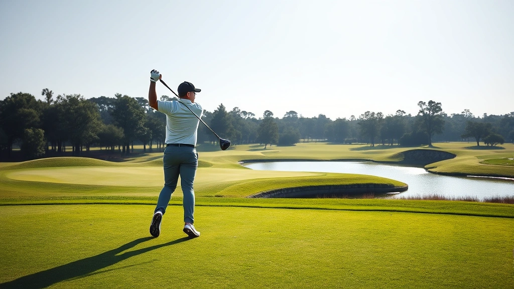 Professional golfer mid-swing on manicured fairway with water hazard visible, morning sunlight, pristine course conditions, realistic photography