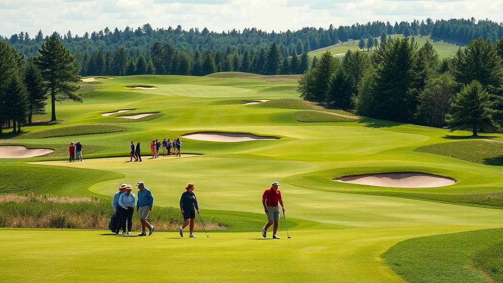 Golfers walking on scenic fairway with elevation changes and strategic bunkers, diverse player group enjoying course together, realistic daylight conditions