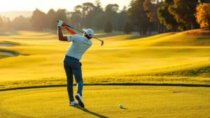 Professional golfer mid-swing on beautiful championship course with manicured fairways and morning sunlight, demonstrating proper golf form and technique