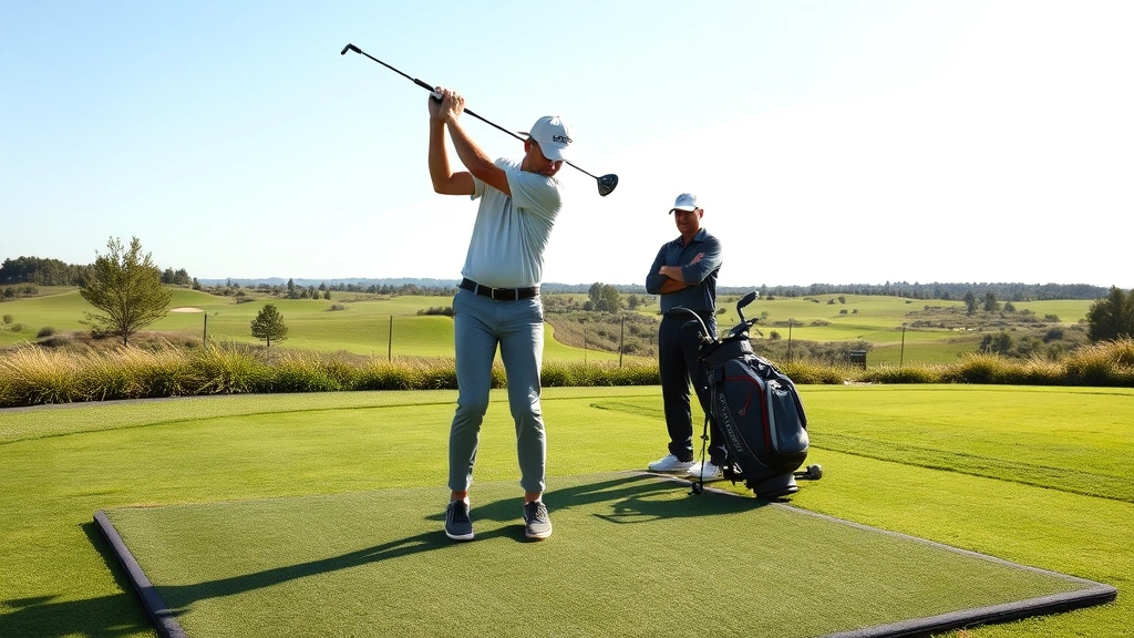 Beginner golfer in proper stance on practice range with golf balls and professional instruction, natural outdoor setting with manicured grass and distant fairways, warm sunlight